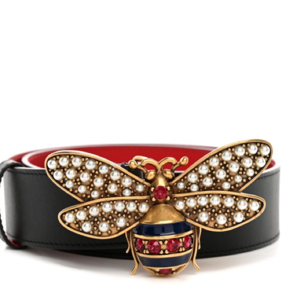 Gucci Queen Margaret Black and Gold Belt with Bee Design